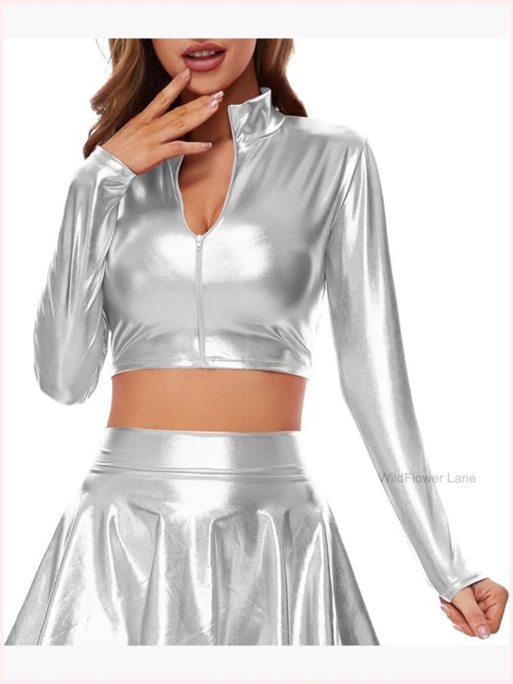 Metallic Crop Top Long Sleeve Mock Neck Turtleneck Zip Up Blouse